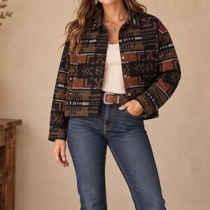 Blue B Collection Aztec Southwestern Cropped Jacket Rust Black Geometric L C5